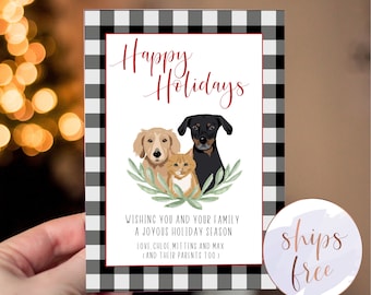 Custom 3 pet portrait holiday card, click now to personalize your own illustrated dog or cat Christmas card!