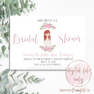 Faire-part de douche nuptiale imprimable, dessin animé portrait de mariée personnalisé, aquarelles florales, invitation illustrée FICHIER NUMÉRIQUE UNIQUEMENT