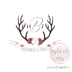 Escudo monograma de cornamenta personalizado, logotipo digital para boda de invierno, SOLO ARCHIVO DIGITAL