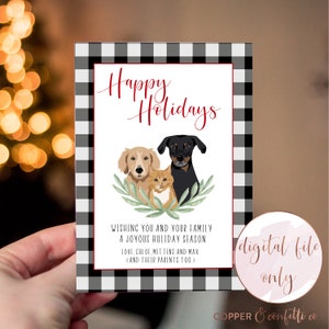 Tarjeta navideña personalizada con 3 retratos de mascotas, ¡haga clic ahora para personalizar su propia tarjeta navideña ilustrada de perro o gato! SÓLO ARCHIVO DIGITAL