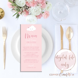 Baby shower printable pink menu, cloud baby shower, hot air balloon shower, custom menu card, DIGITAL FILE