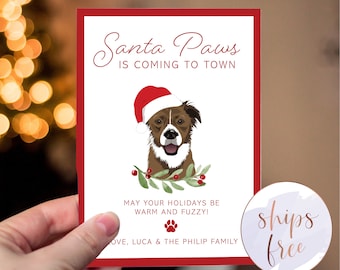 Custom Santa Paws Pet Portrait Holiday Card, Cat illustration, Dog portrait, Personalized Pet Christmas Card