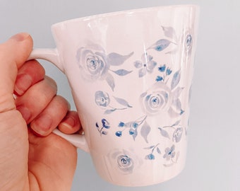 Grandmillenial floral mug, watercolor floral mug, blue and white chinoiserie style mug