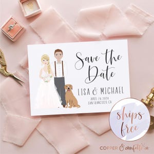 Illustrated couple portrait Save the Date, click now to personalize your own bride and groom cartoon!