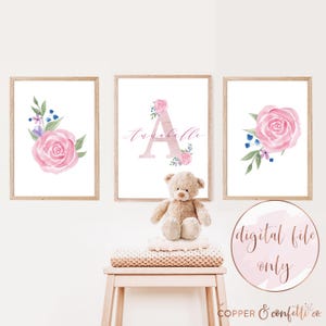 Custom floral letter nursery name sign set of 3, baby girl printable, girl nursery decor, watercolor letter art, DIGITAL FILE ONLY