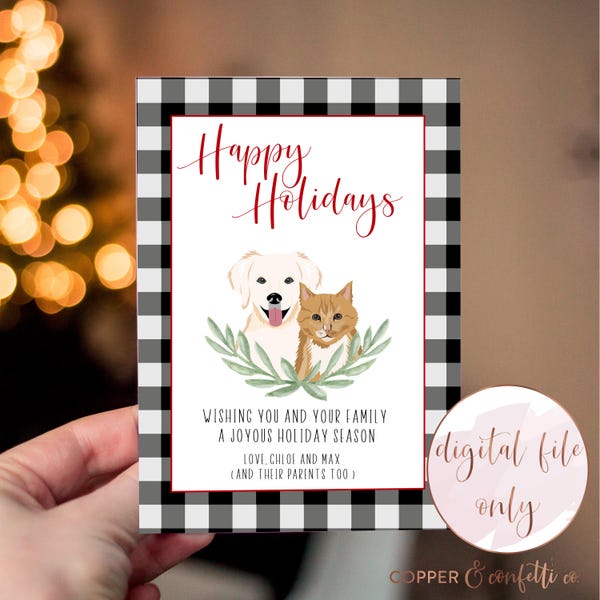 Biglietto di auguri natalizio personalizzato con 2 ritratti di animali domestici, clicca ora per personalizzare il tuo biglietto di auguri natalizio illustrato con cane o gatto! SOLO FILE DIGITALE