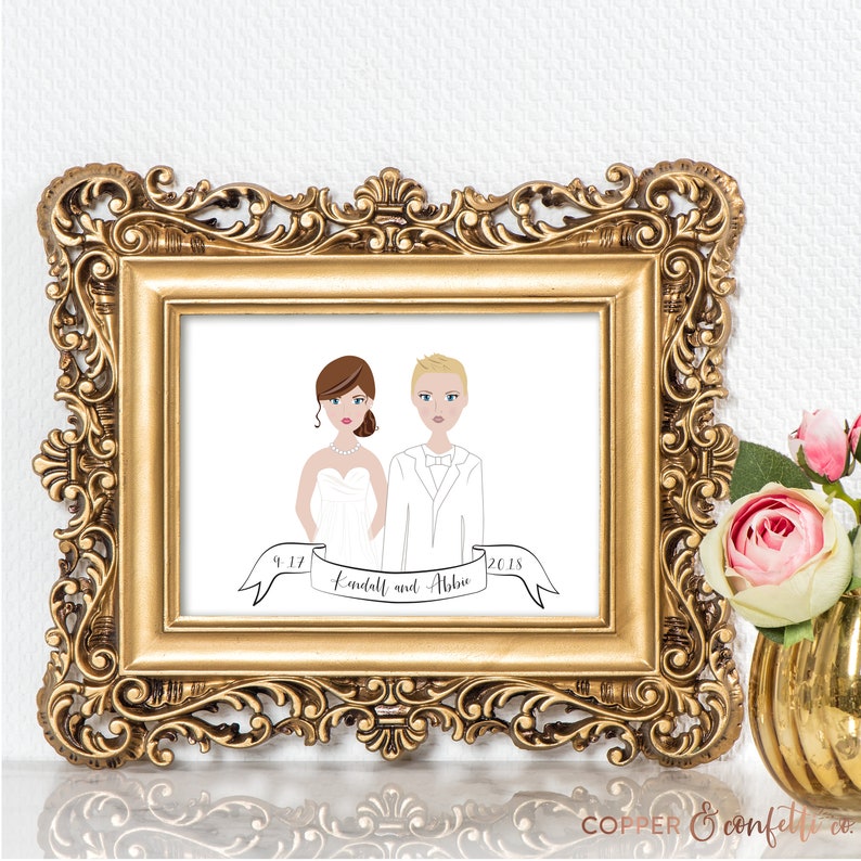 Custom two brides illustration, personalized same sex wedding portrait DIGITAL FILE ONLY image 7