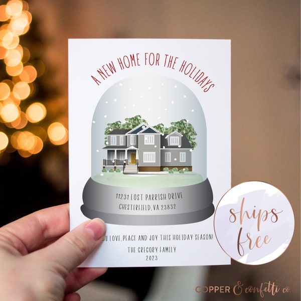 We've Moved Christmas Card, Custom House Portrait Card, Home Drawing Inside Snow Globe, New Address