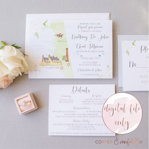 Custom map wedding invitation suite, watercolor wedding map, destination wedding invite, DIGITAL FILE ONLY