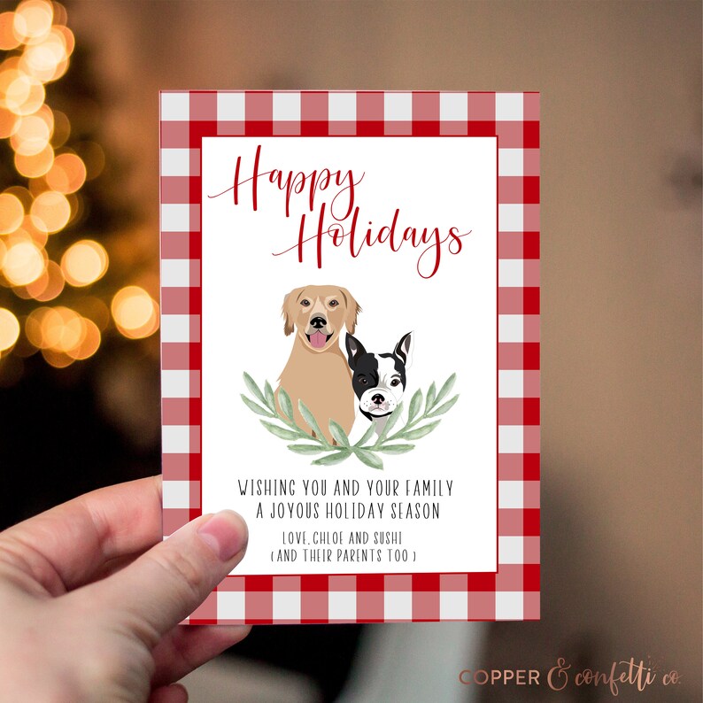 Custom 2 pet portrait holiday card, click now to personalize your own illustrated dog or cat Christmas card DIGITAL FILE ONLY image 4