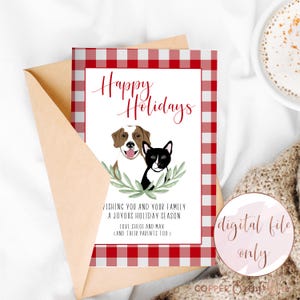 Tarjeta navideña personalizada con retratos de dos mascotas. ¡Haga clic ahora para personalizar su propia tarjeta navideña ilustrada con un perro o un gato! SOLO ARCHIVO DIGITAL