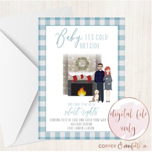 Cartão de Natal personalizado para anúncio de gravidez, esperando, cartão de férias para anúncio de bebê com retrato de desenho animado, SOMENTE ARQUIVO DIGITAL