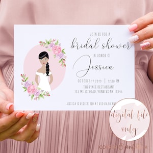 Invitación imprimible para despedida de soltera, ilustración de novia personalizada, flores de acuarela, caricatura de novia. ARCHIVO DIGITAL SOLAMENTE