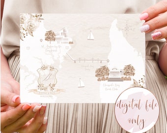 Custom wedding map, print at home wedding art, digital download, neutral boho save the date map, DIGITAL FILE ONLY