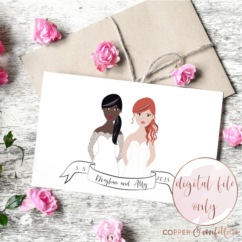 Custom two brides illustration, personalized same sex wedding portrait DIGITAL FILE ONLY image 1