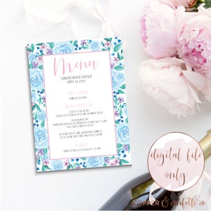 Blauwe bloemen bruids douche afdrukbaar menu, aquarel bloemen, boho bruids douche, aangepaste menukaart, digitaal bestand