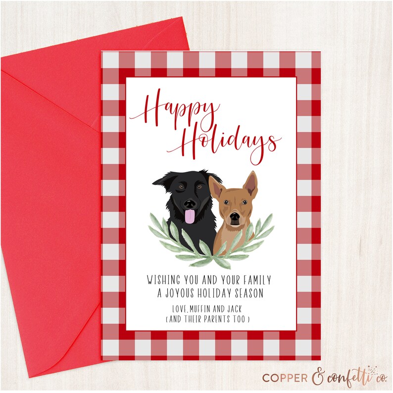 Custom 2 pet portrait holiday card, click now to personalize your own illustrated dog or cat Christmas card DIGITAL FILE ONLY image 2