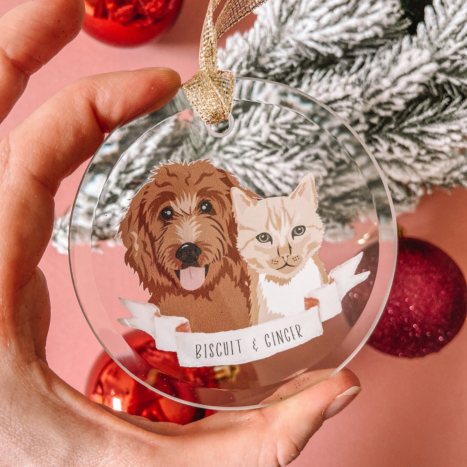 Custom 2 Pet Portrait Ornament Cat Illustration Dog Etsy
