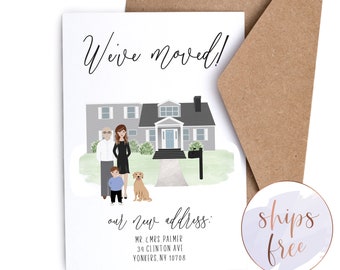 We've moved custom portrait card with house and family illustration, New home card, Custom moving announcement