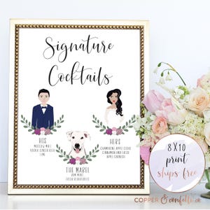 Pet illustration signature drink sign, 8x10 print, bride and groom cartoon, dog portrait, cat portrait