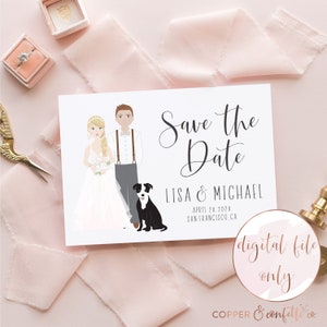 Illustrated couple portrait Save the Date, click now to personalize your own bride and groom cartoon! DIGITAL FILE ONLY