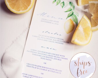 Mediterranean wedding menu with watercolor lemon, printable menu, custom menu card