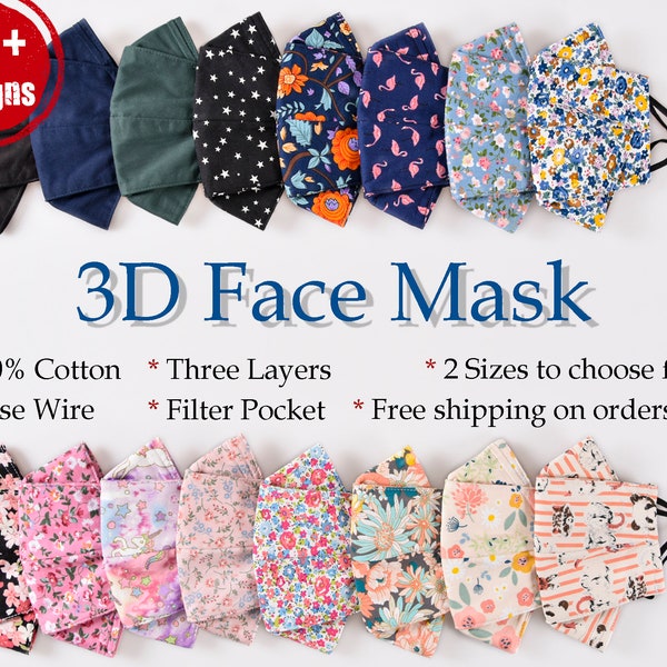 3D Face Mask Bundle, 3 Ply Cotton Face Mask with Nose Wire Filter Pocket, Adjustable Cloth Face Masks Washable Reusable, Women's Day Gift