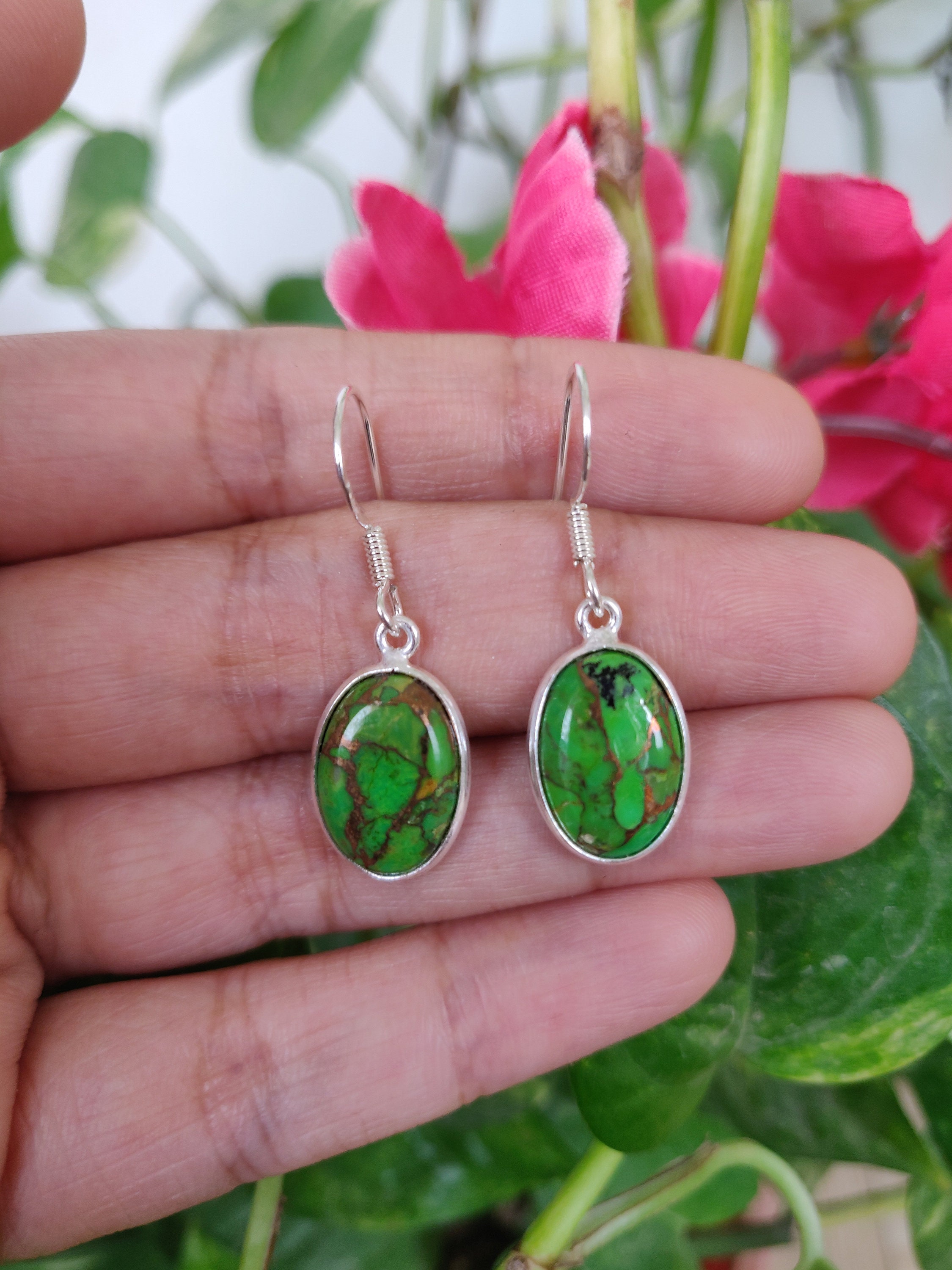 2 GREEN COPPER TURQUOISE Earrings 1.7" 925 Silver Plated Handcrafted Jewelry 