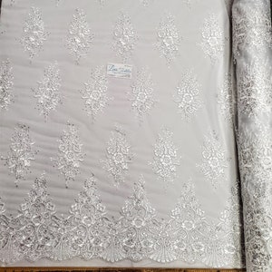 White Floral Embroidery w Sequins Mesh Tulle Lace Prom Sequin Fabric DIY Wedding Bridal Evening Dress Costumes Sold By The Yard BTY
