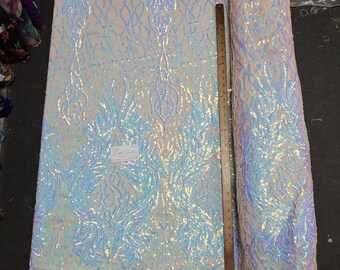 Irisierende Blau / Nude "Göttin Design" 4 Way Stretch Nylon Elasthan Mesh Spitze Pailletten Stoff DIY Hochzeitskleid Kostüme Verkauft Massenware