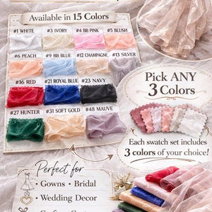 May include: Liquid Organza fabric in 15 colors, including white, ivory, pink, and blue. The image shows fabric swatches and a sample of the sheer, water shine material. Perfect for gowns, bridal, wedding decor, crafts, costumes, and event decor.