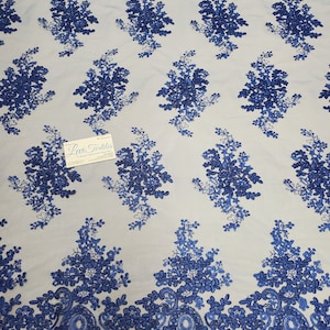 Royal Blue &quot;The Ozzy Lace&quot; Floral Embroidery w Cording on Mesh Lace Fabric Sold BTY - Wedding Prom Gown Lace Double Scalloped (#13-002)