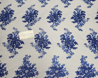 Royal Blue "The Ozzy Lace" Floral Embroidery w Cording on Mesh Lace Fabric Sold BTY - Wedding Prom Gown Lace Double Scalloped (#13-002)