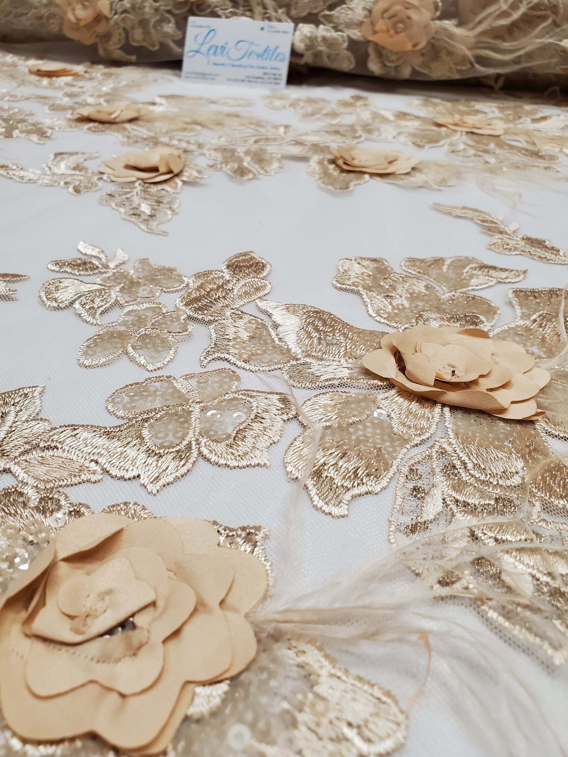 CHAMPAGNE FLORAL DESIGN EMBROIDERY WITH IRIDESCENT SEQUIN ON A MESH-SOLD BY YARD main image 0