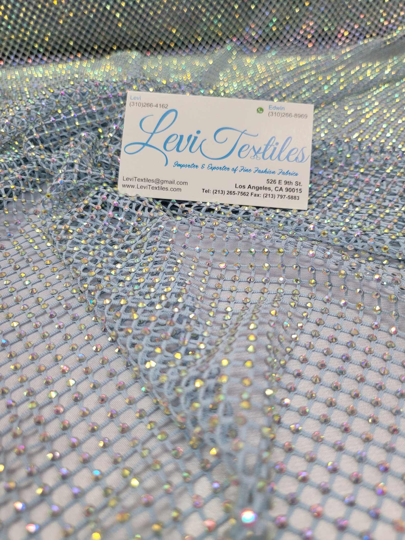 Fishnet Opacity Rhinestone AB Iridescent Rhinestones on Baby Blue Soft Stretch Fish Net Mesh ...