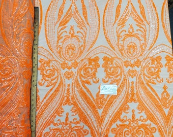 Iridescent Neon Orange/Nude "Hourglass Design" 4 Way Stretch Spandex Mesh Lace Prom Sequin Fabric DIY Wedding Evening Dress Costume Sold BTY
