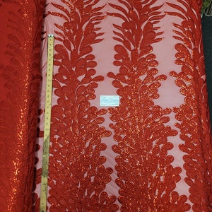 Red &quot;Peacock Design&quot; 4 Way Stretch Nylon Spandex Mesh Lace Prom Sequin Fabric DIY Wedding Evening Dress Costumes Sold By The Panel
