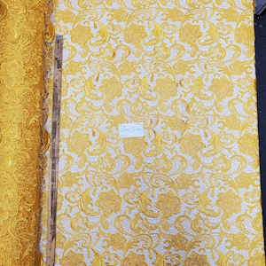 Yellow Gold Venice Guipure Embroidered Lace Fabric w Scalloped Edges, Floral Fabric by the Yard - Retro, Vintage Bridal Wedding Hollow Lace