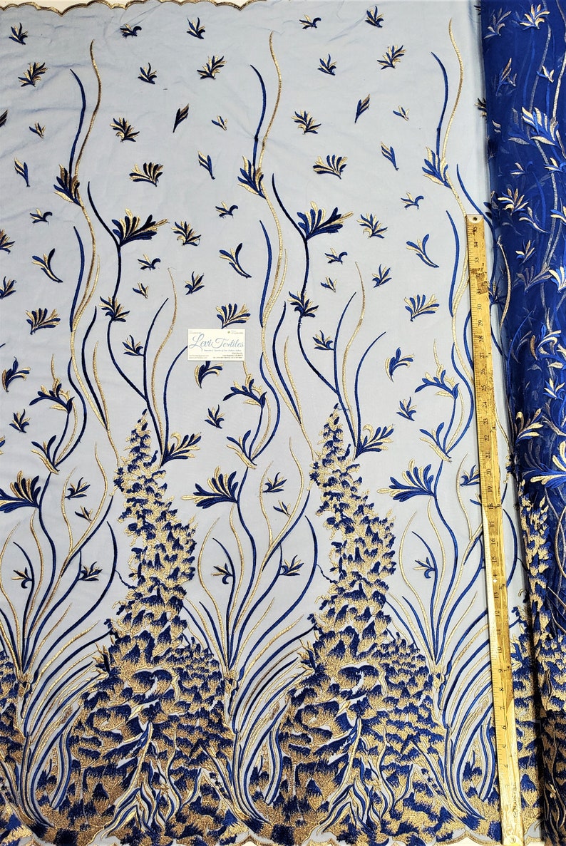Royal BlueGold Multi-Colored Lace Fabric Embroidered on Mesh Free Bird Lace for Dress Gown Prom Dress Costume Lace DIY Materials Supply