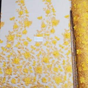 Yellow Floral Embroidery with 3D Satin Flowers & Pearls on Mesh Prom Wedding Fabric - &quot;The Princess Lace&quot;