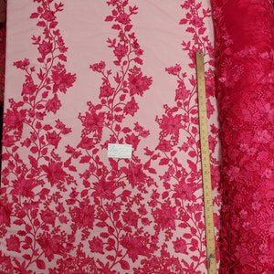 Fuchsia Floral Embroidery with 3D Satin Flowers & Pearls on Mesh Fabric Prom Wedding Fabric Sold by the Yard - &quot;The Princess Lace&quot;
