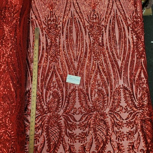 Red 4 way Stretch Sequin Fabric Embroidered on Spandex Mesh Sold By the Yard - &quot;The Dalia Sequins&quot; - Prom Wedding Dance Costume Gown