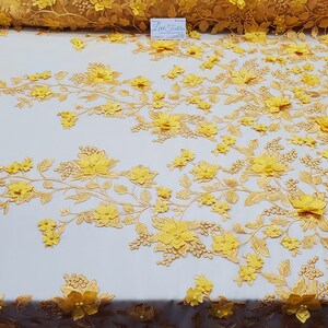 Emily 3-D Floral Design Embroider with Pearls On A Mesh Lace Fabric (1 Yard, Bright Yellow)