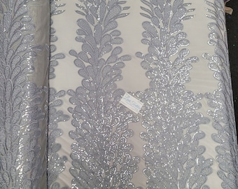 Silber "Peacock Design" 4 Way Stretch Nylon Spandex Mesh Spitze Abschlussball Pailletten Stoff DIY Hochzeit Abendkleid Kostüme verkauft durch das Panel