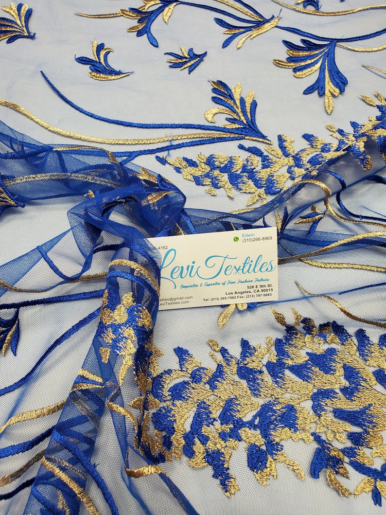 Royal BlueGold Multi-Colored Lace Fabric Embroidered on Mesh Free Bird Lace for Dress Gown Prom Dress Costume Lace DIY Materials Supply
