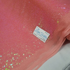 Iridescent Neon Coral Glitz Sequins Fabric / 3mm Sequins on Poly Mesh - Sold By The Yard