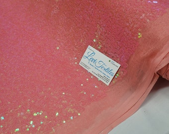 Iridescent Neon Coral Glitz Sequins Fabric / 3mm Sequins on Poly Mesh - Sold By The Yard