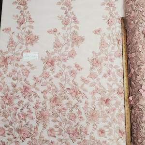 Dusty Rose Floral Embroidery with 3D Satin Flowers & Pearls on Mesh Prom Wedding Fabric - "The Princess Lace"