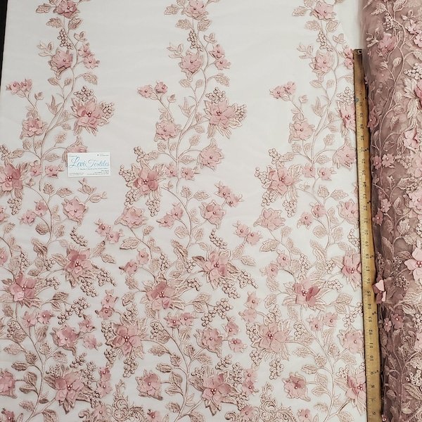 Dusty Rose Floral Embroidery with 3D Satin Flowers & Pearls on Mesh Prom Wedding Fabric - "The Princess Lace"