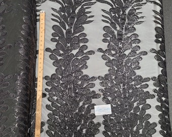 Zwart "Peacock Design" 4-weg stretch nylon spandex mesh kant gala pailletten stof DIY bruiloft avondjurk kostuums verkocht per paneel